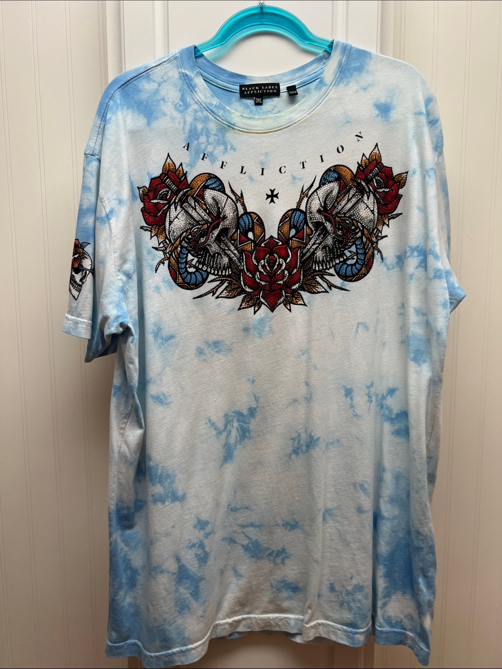 Affliction Light Blue Tie-Dye Skull & Rose Graphic Tee